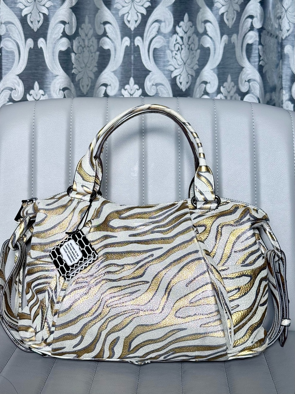 Aimee Kestenberg Zebra Print Tamitha Satchel Metallic Iridescent Gold Bag